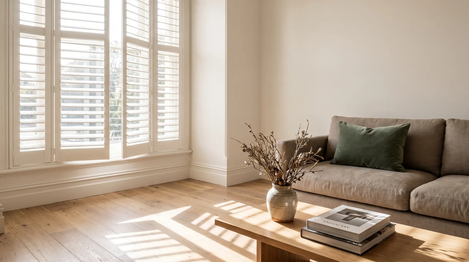 Sunlit Adelaide living room with made-to-measure timber plantation shutters, illustrative
